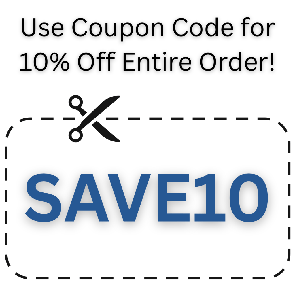 Graphic featuring a coupon code 'SAVE10' for 20% off entire order, with scissors icon and decorative dashed border.