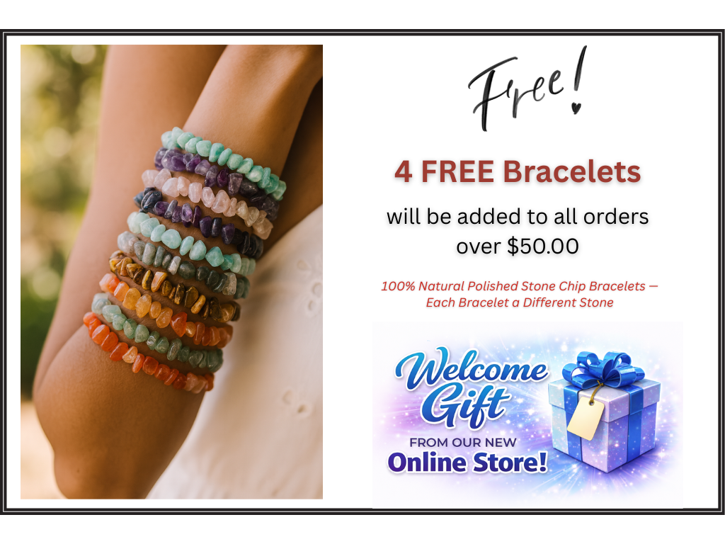 A close-up of a woman's arm adorned with multiple colorful polished stone chip bracelets, showcasing various natural stones, surrounded by a blurred natural background.