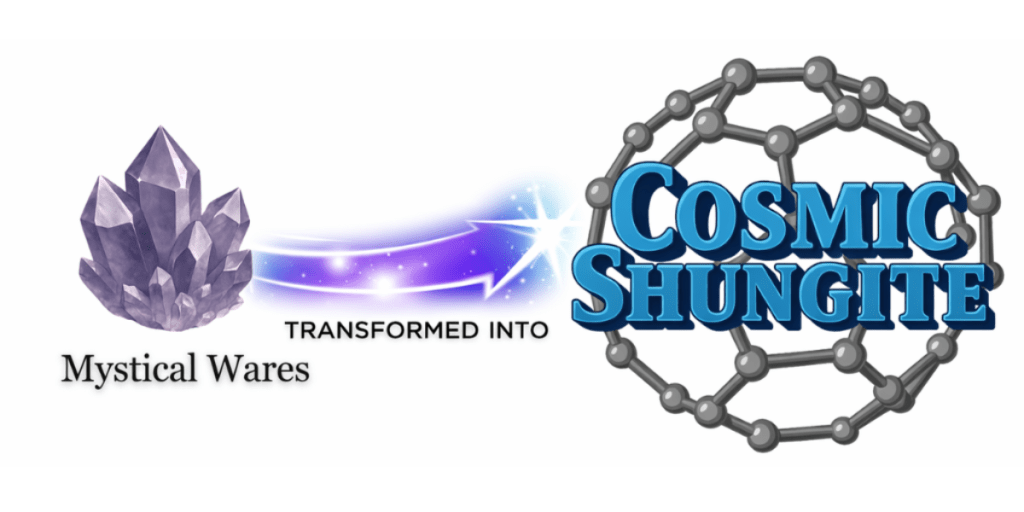 Logo transition from Mystical Wares to Cosmic Shungite, featuring a crystal and a molecular structure.
