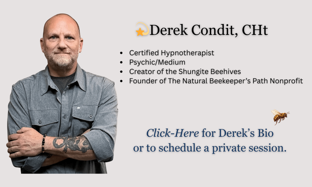 Portrait of Derek Condit, a man with a beard, wearing a denim shirt, arms crossed, with text listing his credentials as a Hypnotherapist, Psychic/Medium, and nonprofit founder.
