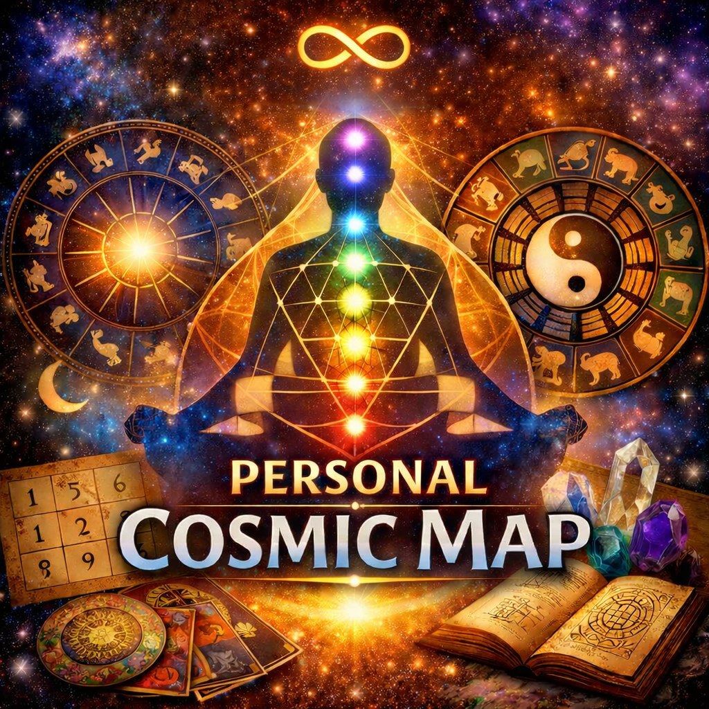 An artistic representation of a cosmic map, featuring a silhouette meditating with chakras aligned, surrounded by zodiac symbols, astrological charts, crystals, and the text 'Personal Cosmic Map'.